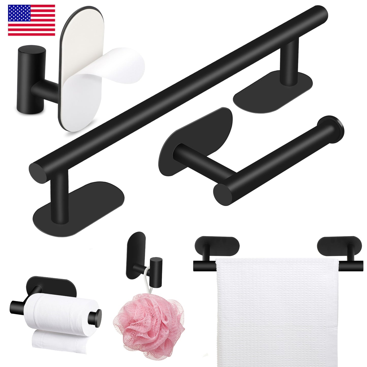 Adhesive Bathroom Shelf Set - Stainless Steel Bathroom Organizer with Towel Bar and Hook,Toilet Paper Holder Towel Bar Rack Bathroom Hardware Set (black)