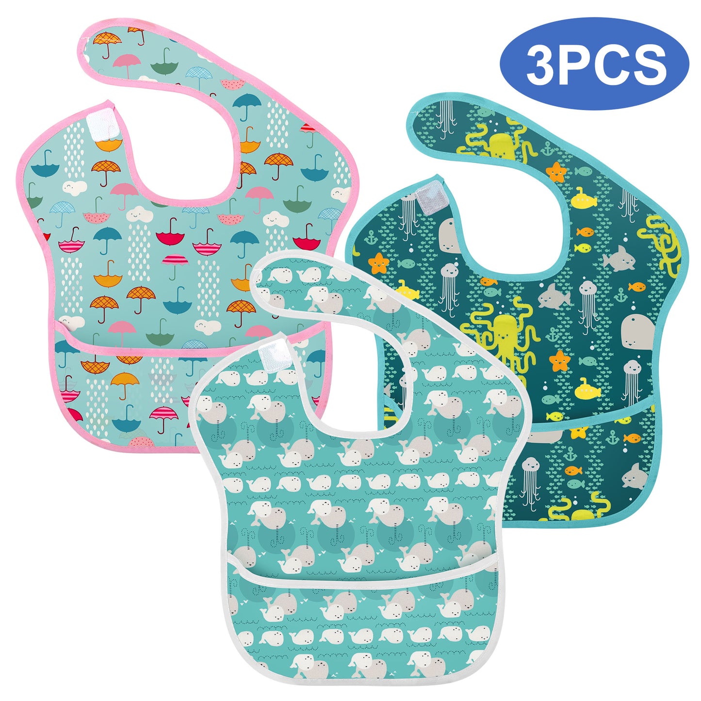 3 PCS Adjustable Waterproof Baby Bibs for Toddlers 6-24 Months，Stain-Resistant Fabric, Crumb Catcher Pocket,Cartoon Animals Patterns (Whale, Umbrella, Octopus )