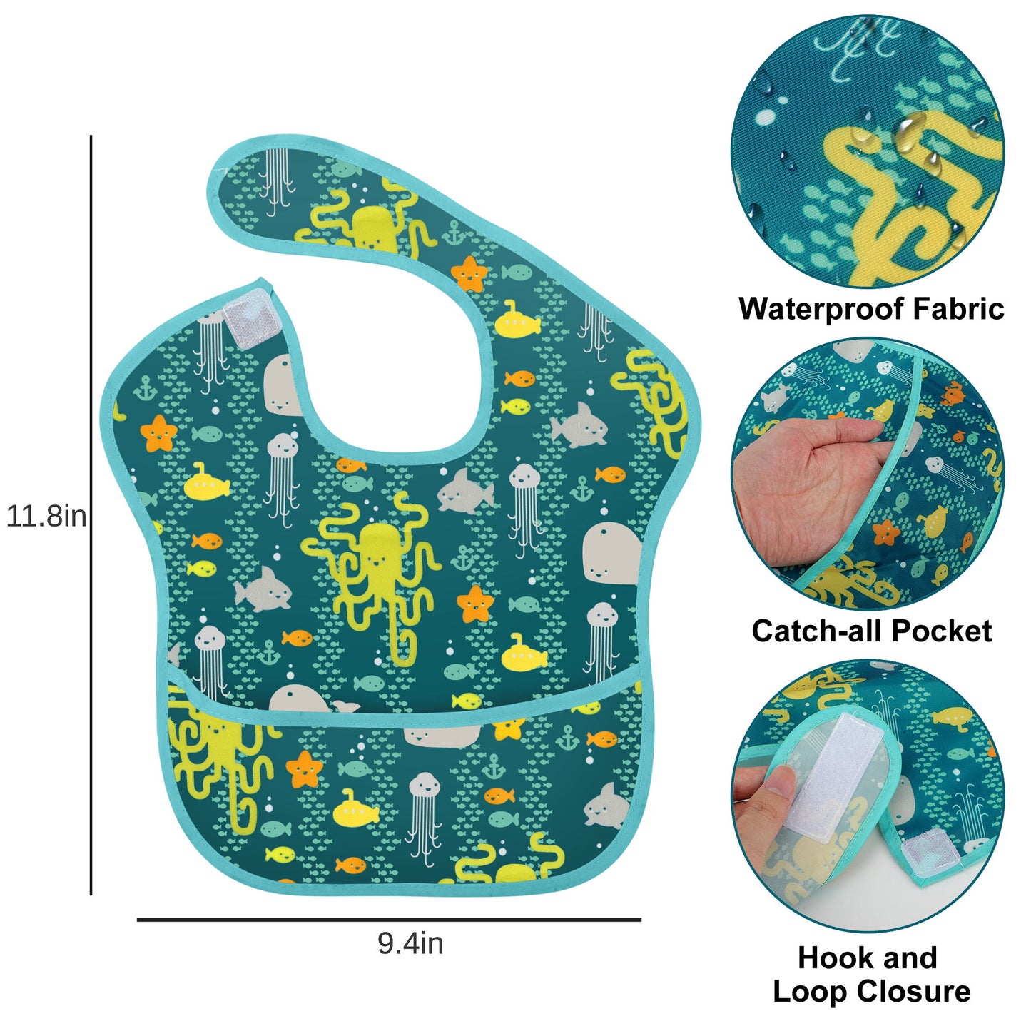 3 PCS Adjustable Waterproof Baby Bibs for Toddlers 6-24 Months，Stain-Resistant Fabric, Crumb Catcher Pocket,Cartoon Animals Patterns (Whale, Umbrella, Octopus )