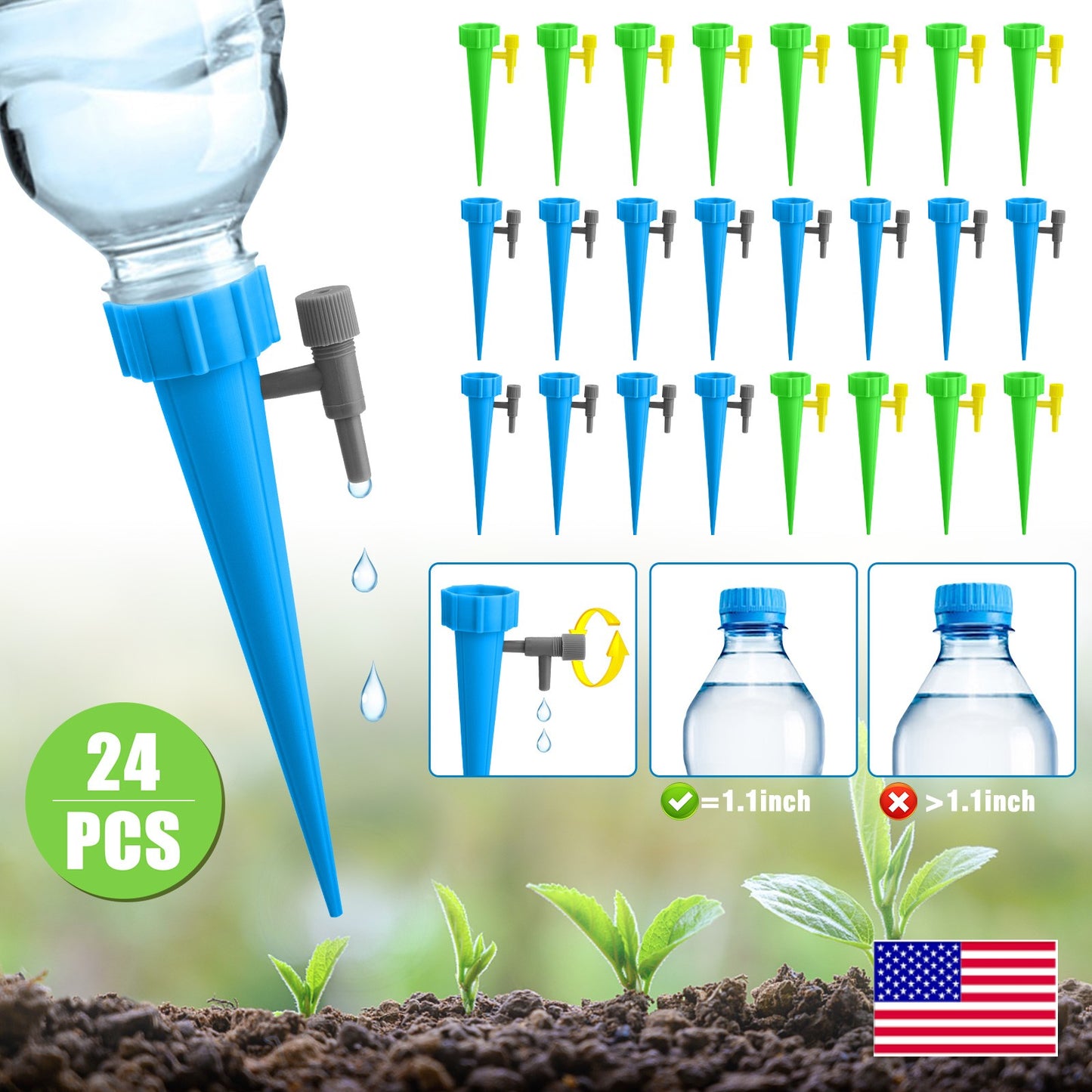 24 PCS Self Watering Spikes - Adjustable Valve for Convenient Plant Care - Eco-Friendly and Durable