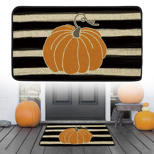 23.5''x15.5'' Non-slip Pumpkin Floor Mat - Mode Fall Thanksgiving Stripe Decorative Doormat Bath Rug Polyester Soft Absorbent Mat Carpet for Indoor Outdoor