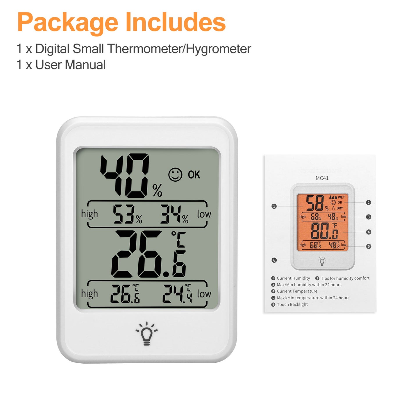 Digital LCD Indoor Thermometer - Hygrometer Humidity Meter Monitor Sensor Office with Backlight and magnet (White)