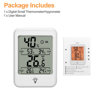 Digital LCD Indoor Thermometer - Hygrometer Humidity Meter Monitor Sensor Office with Backlight and magnet (White)