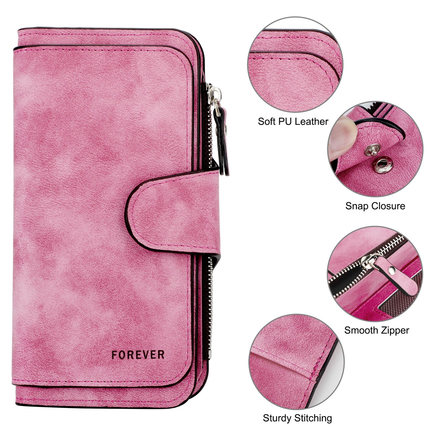 New Womens PU Leather long Trifold Clutch Wallet - Multifunction Purse Card Holders with Zipper,Ladies Phone Clutch,Large Capacity Purse,Gift for Mother's Day, Christmas, Valentine's Day (Rose Red)