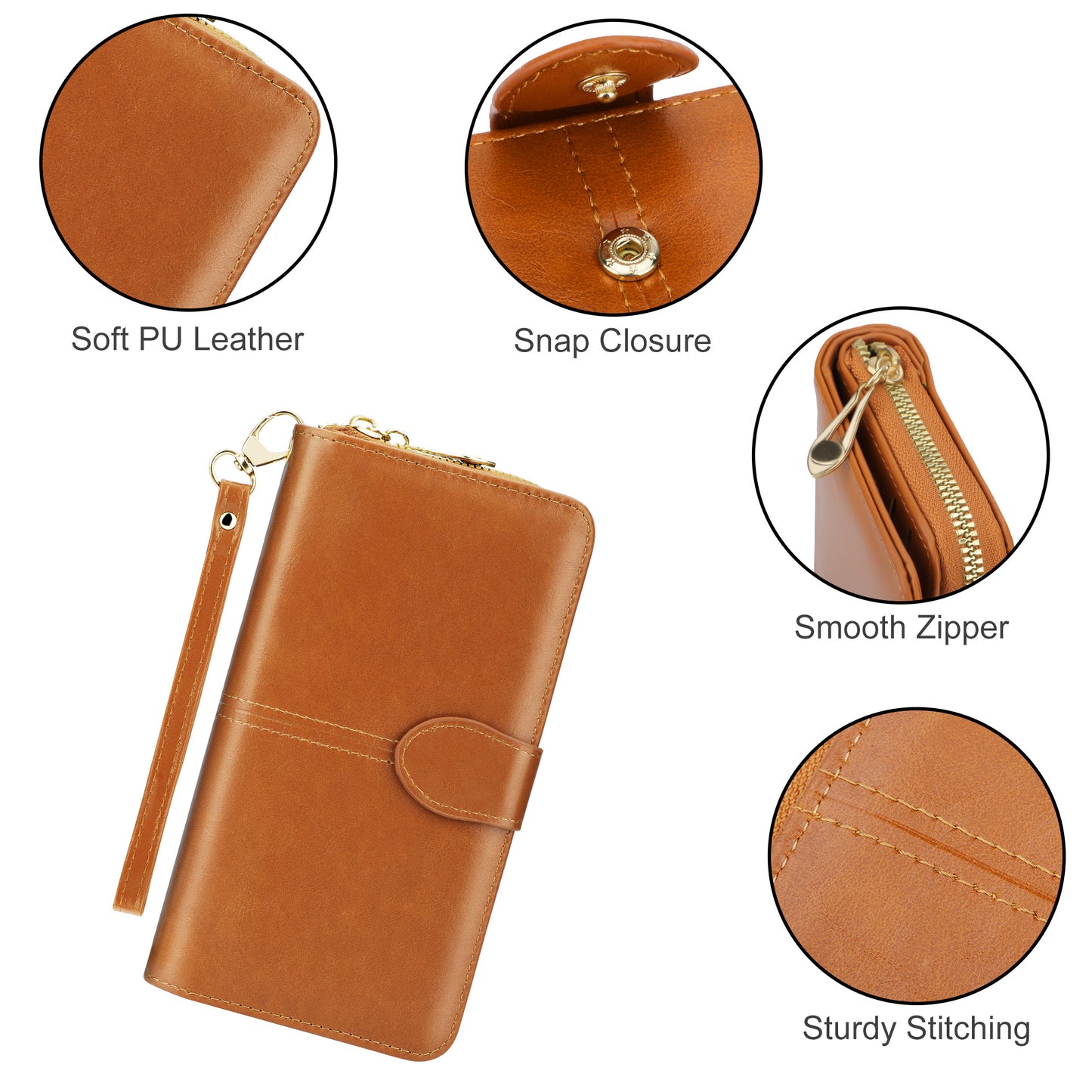 Womens Leather Long Wallet - Large Capacity Zip Purse Money Clip Card Holder Case Coin Packet Female Lady Money Bag (Brown)