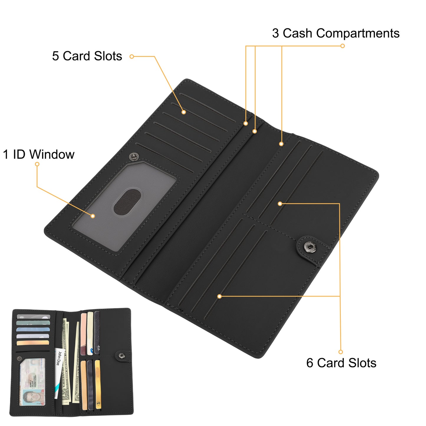 Ultra Slim long wallet - PU Leather Credit Card Holder Bifold Clutch Wallets for Women Men (black)