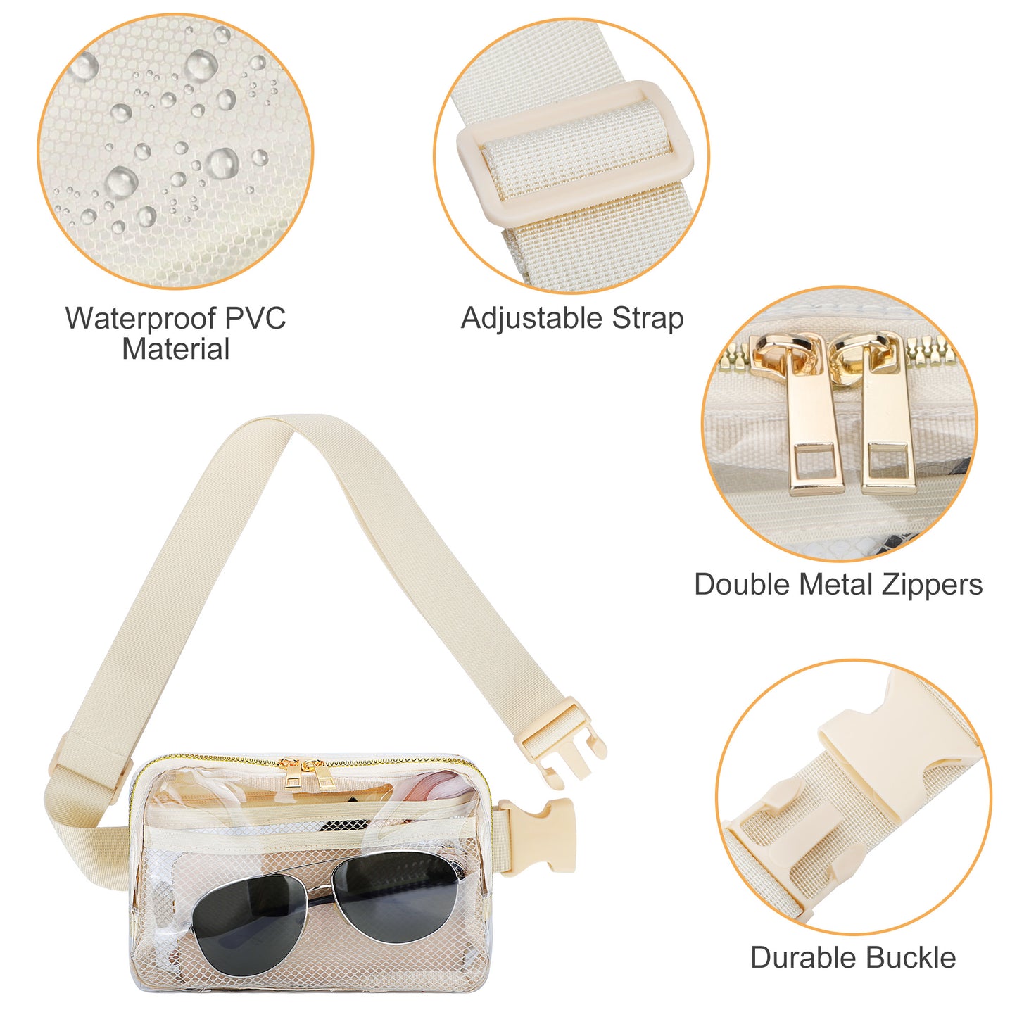 Clear Fanny Pack with Adjustable Strap- Hands-Free Convenience in Transparent Style for Concerts, Sports, and Travel (Beige)