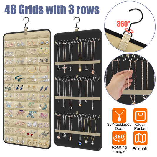 48 Grids Dual Sided Hanging Jewelry Organizer Storage Bag - Necklace Earrings Organizer Portable Display Bag Storage Pouch Hanging Bag Jewelry Bag (black)