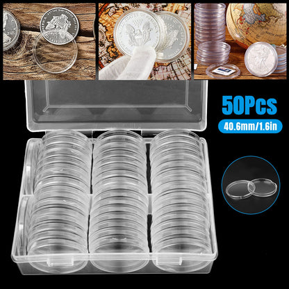 50Pcs Clear 40.6mm Coin Holders Capsules - Transparent Coin Capsules Set with Storage Box,Coin Collection Case for Coin Collection Protection Coin Preservation