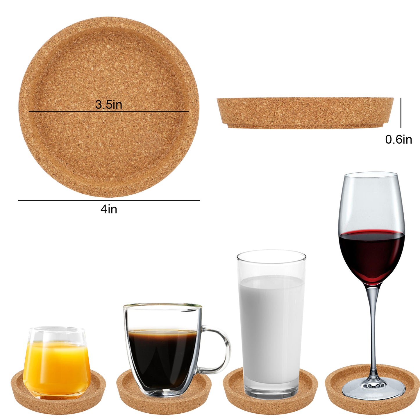 6pcs round cork coasters - Non-Slip, Universal Fit, Easy to Clean - Protects Tabletops from Drink Rings and Spills
