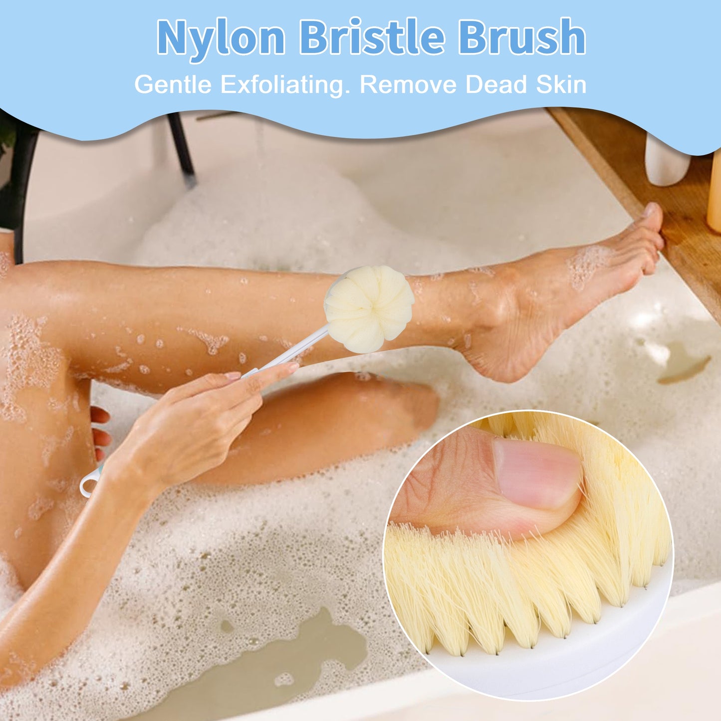 2Pcs Dual Sides Shower Brush with Sponge -16.5" Adjustable Long Handle Exfoliating Back Scrubber Body Brush Bristles Shower Brush Bath Pouf for Men Women (blue + green)
