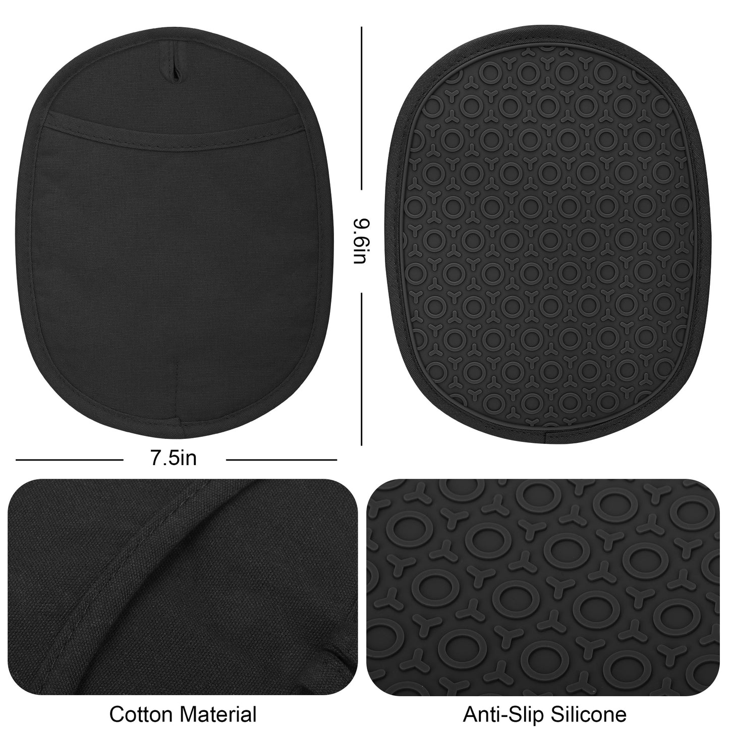 2pcs Silicone Pot Holders- Heat-Resistant Pads with Secure Pockets and Non-Slip Grip for Safe Baking and  Cooking(Black)