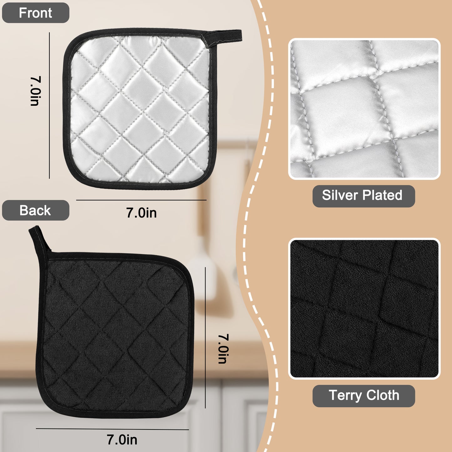 4pcs square cotton pot holders - Heat Resistant Square Potholders for Kitchen - Ideal for Heat Resistance in Cooking and Baking, 7x7 Inches（Black）