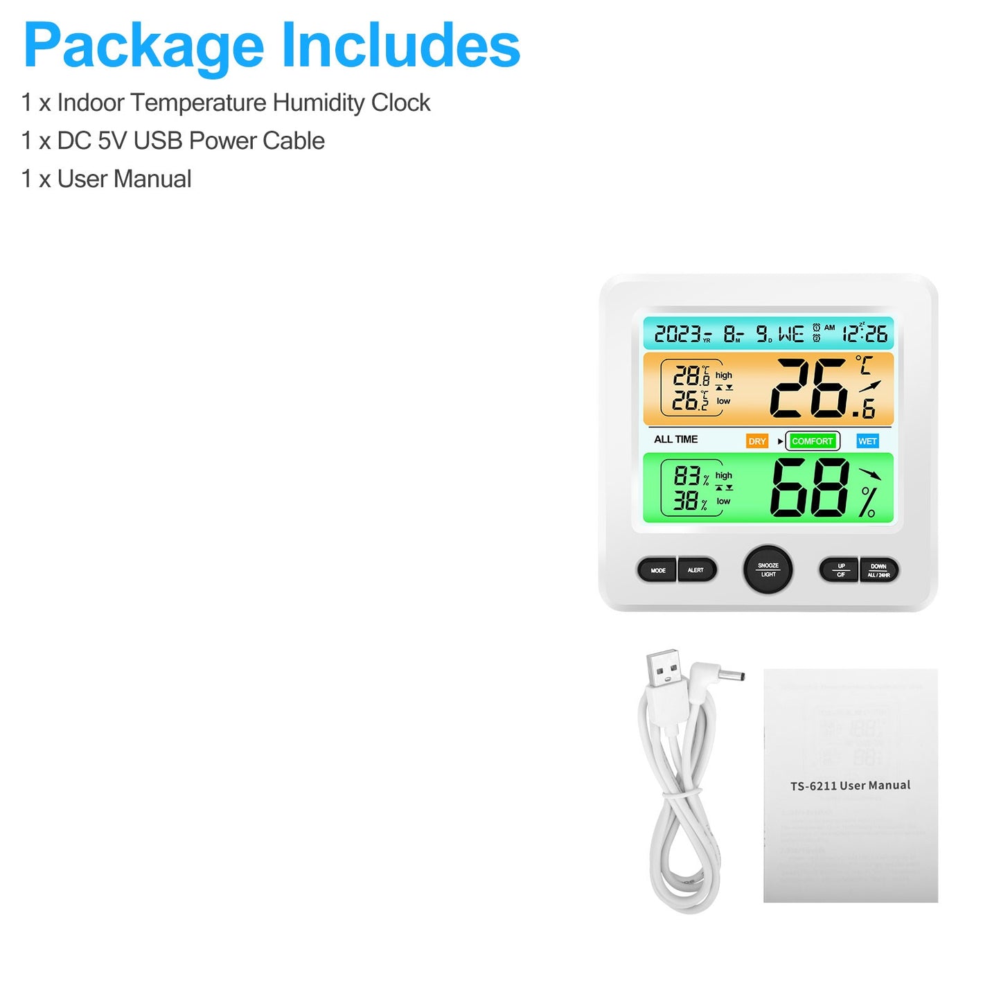 LCD Display Wall-mounted Desktop Indoor Humidity Temperature Meter - All in One Alarm Clock Thermometer Hygrometer Digital Thermometer Hygrometer (White)