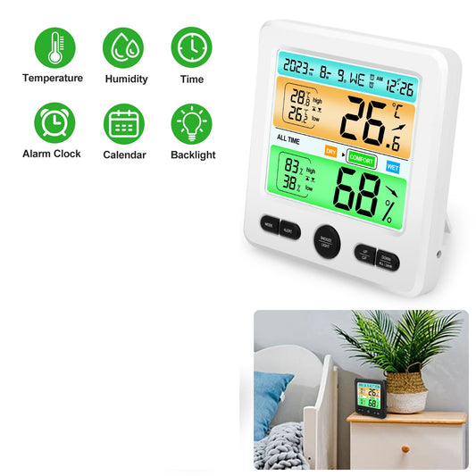 LCD Display Wall-mounted Desktop Indoor Humidity Temperature Meter - All in One Alarm Clock Thermometer Hygrometer Digital Thermometer Hygrometer (White)