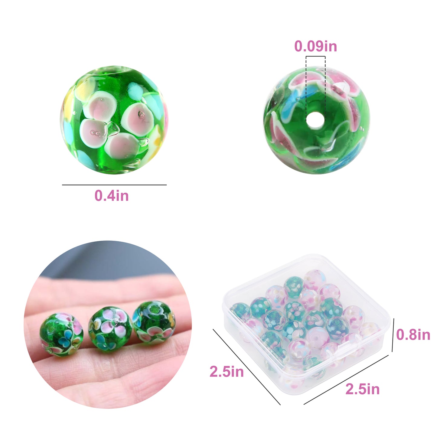 24Pcs 12mm petal flower Glass Beads - Handmade Glass Charm for Jewelry Bracelet Necklace Making Craft DIY Material Supplies (Green + Pink)
