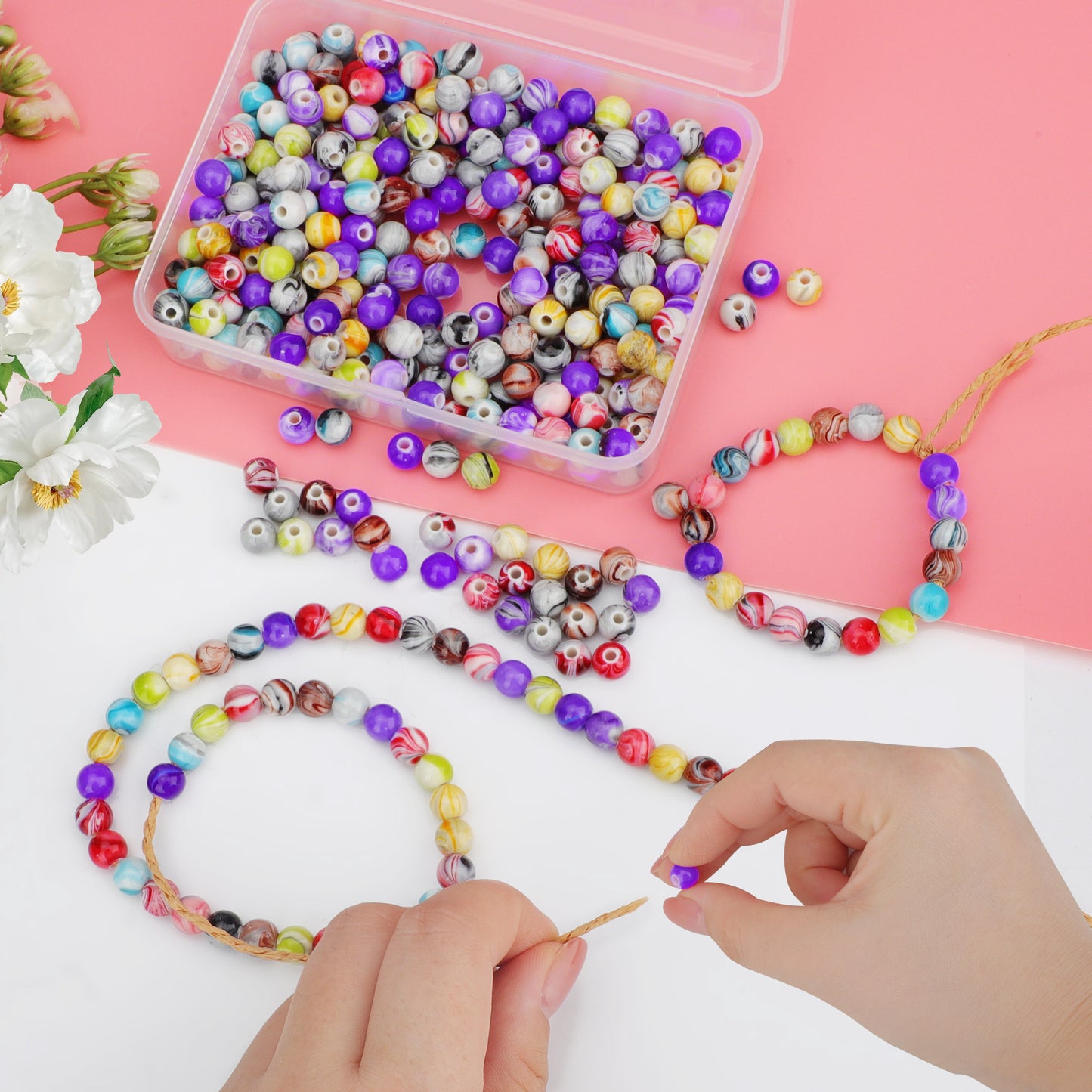 500 Pcs 8mm ink pattern acrylic round beads - Multicolor Acrylic Round Loose Beads with Storage Box for Bracelet Necklace Jewelry Making