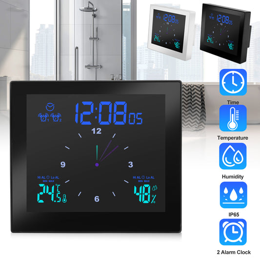 Digital Waterproof Clock - prefer bathroom with Alarm Shower Timer with Dynamic Dashboard,Large Led Screen 3 Backlights Waterproof IP65 Wall Clock with Temperature Humidity Display and Exceed max/min with Suction Cup ( No drilling required ), White