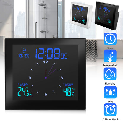 Digital Waterproof Clock - prefer bathroom with Alarm Shower Timer with Dynamic Dashboard,Large Led Screen 3 Backlights Waterproof IP65 Wall Clock with Temperature Humidity Display and Exceed max/min with Suction Cup ( No drilling required ), Black