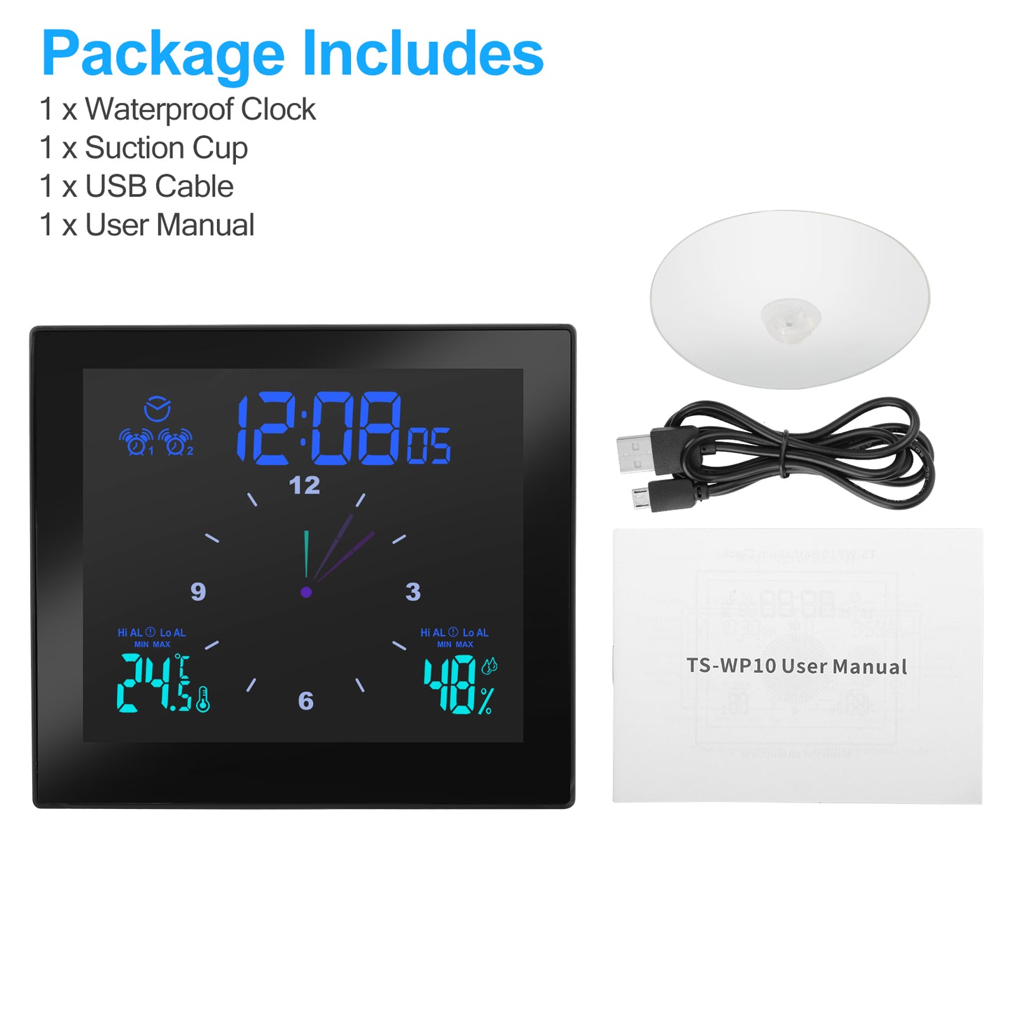 Digital Waterproof Clock - prefer bathroom with Alarm Shower Timer with Dynamic Dashboard,Large Led Screen 3 Backlights Waterproof IP65 Wall Clock with Temperature Humidity Display and Exceed max/min with Suction Cup ( No drilling required ), White
