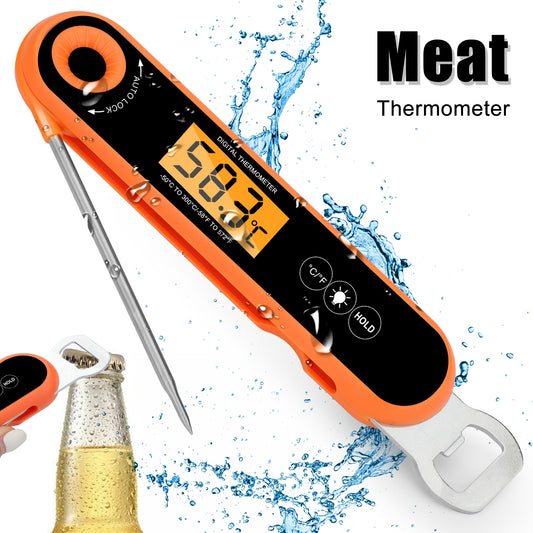 Instant Read Digital Food Thermometer - Foldable Food-Grade Stainless Steel Probe with Bottle Opener for Kitchen, BBQ, Grill (Orange /Black)