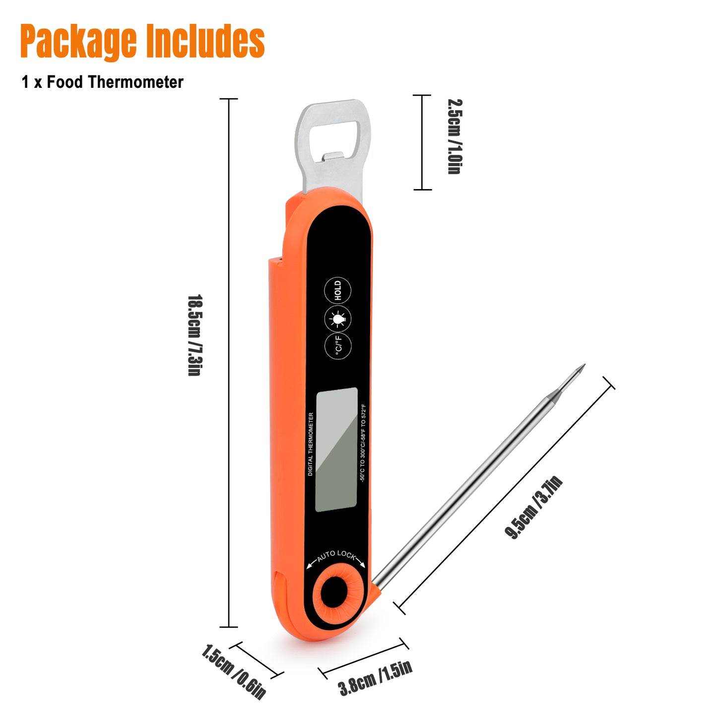 Instant Read Digital Food Thermometer - Foldable Food-Grade Stainless Steel Probe with Bottle Opener for Kitchen, BBQ, Grill (Orange /Black)