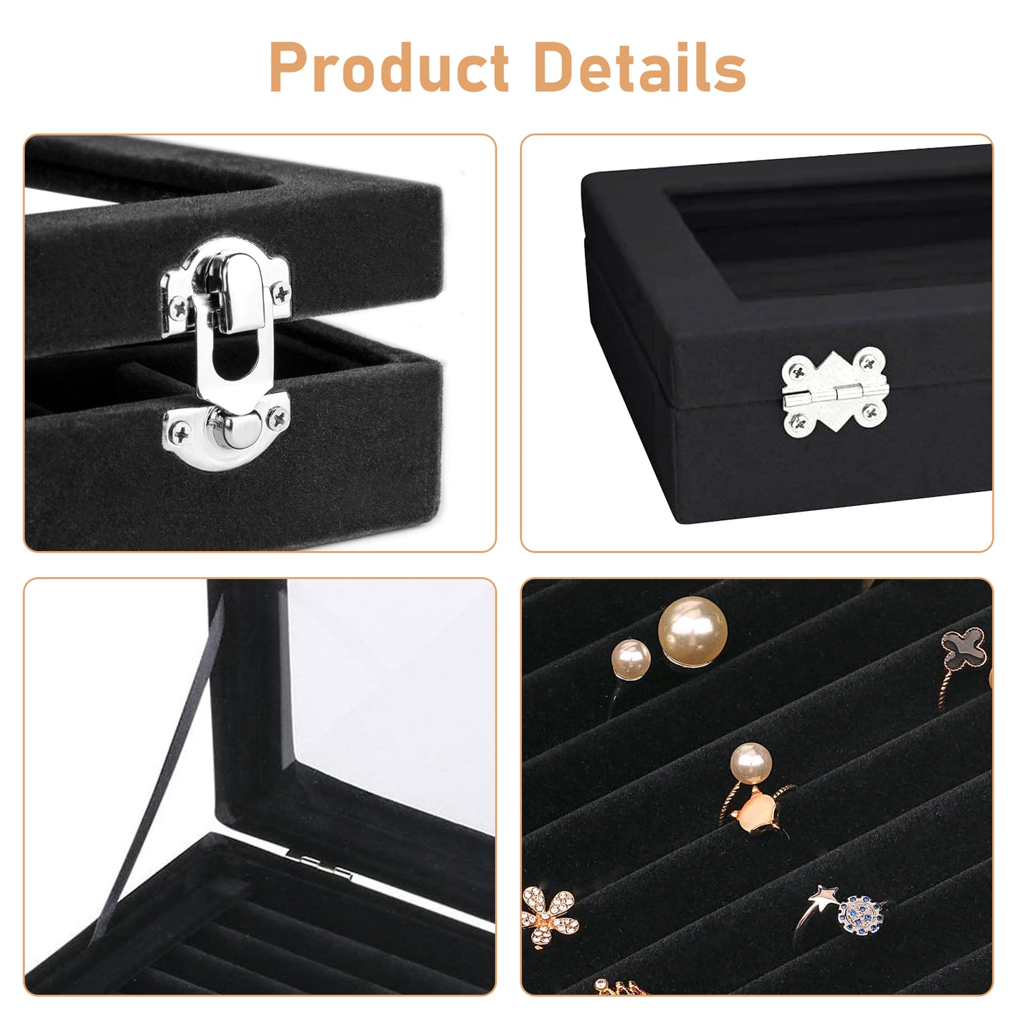 7 Slots Velvet Jewelry Display Storage Box - Storage Tray with Modern Buckle Closure,Glass Ring jewelry Display Case Earring Organizer Jewelry Box,Gift for Women(Black)