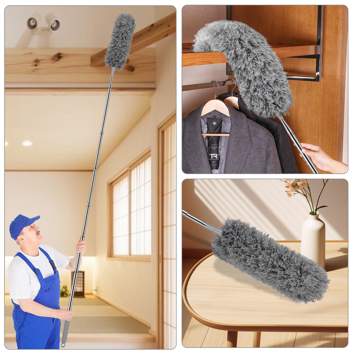 Microfiber Duster with Stainless Steel Extension Pole - Microfiber Feather Duster with 17'' to 83'' Telescoping Extension Pole,with Bendable Head,Extendable Duster for Cleaning Ceiling Fan, Interior Roof,Furniture