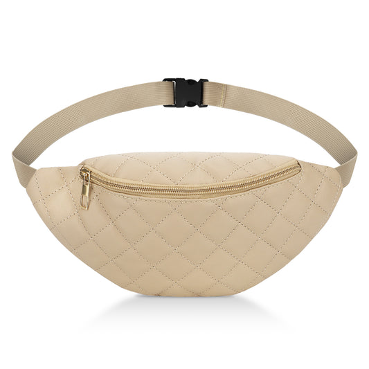 Fashion Women Plaid Waist Bag - Female PU Leather Belt Bags Shoulder Crossbody Chest Bag Fanny Pack Banana Hip Purse for Sports Workout Traveling Running Casual (Beige)