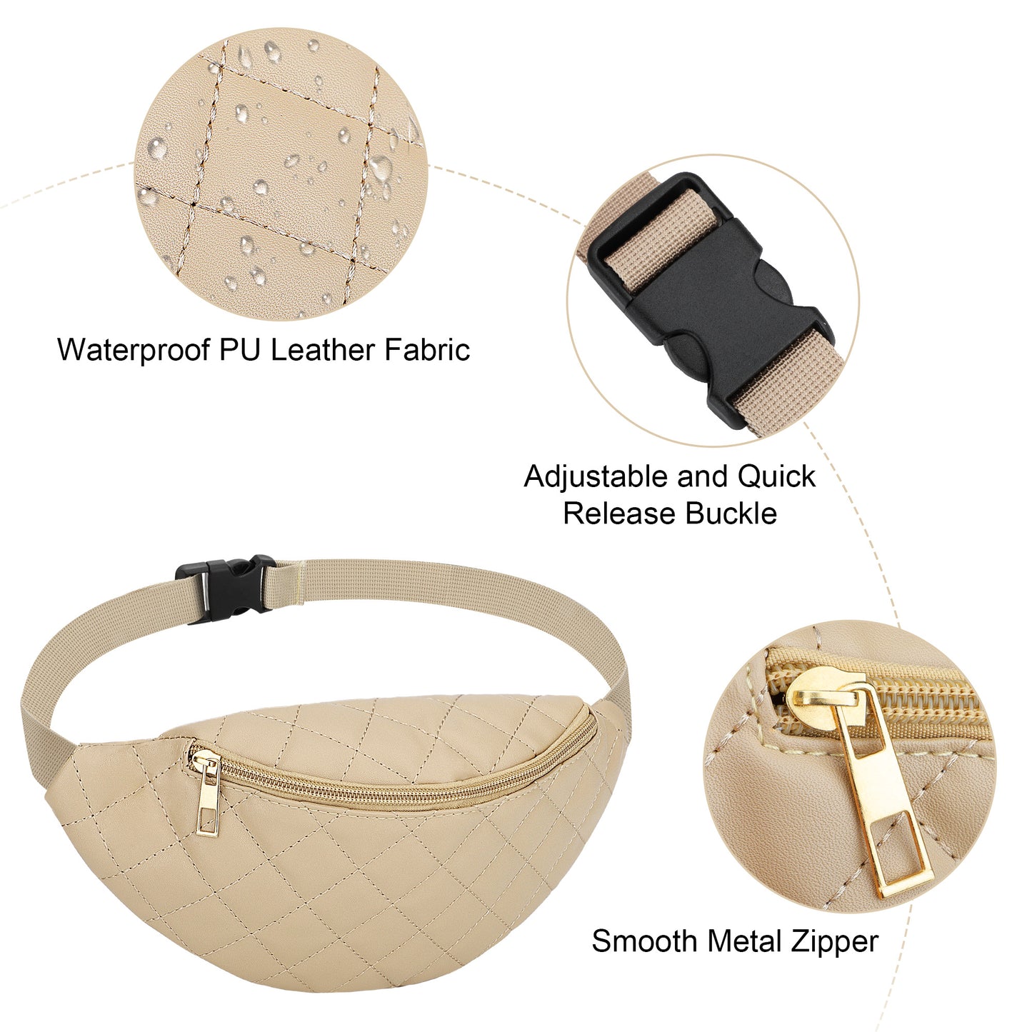 Fashion Women Plaid Waist Bag - Female PU Leather Belt Bags Shoulder Crossbody Chest Bag Fanny Pack Banana Hip Purse for Sports Workout Traveling Running Casual (Beige)