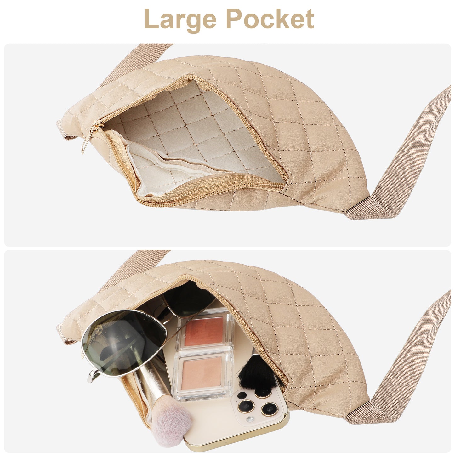 Fashion Women Plaid Waist Bag - Female PU Leather Belt Bags Shoulder Crossbody Chest Bag Fanny Pack Banana Hip Purse for Sports Workout Traveling Running Casual (Beige)