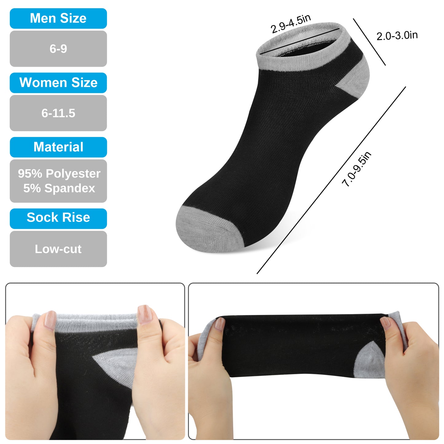 12 Pairs Athletic Low Cut Socks - Ankle Athletic Running Socks Low Cut Sports Tab Socks for Men and Women (Black Grey)