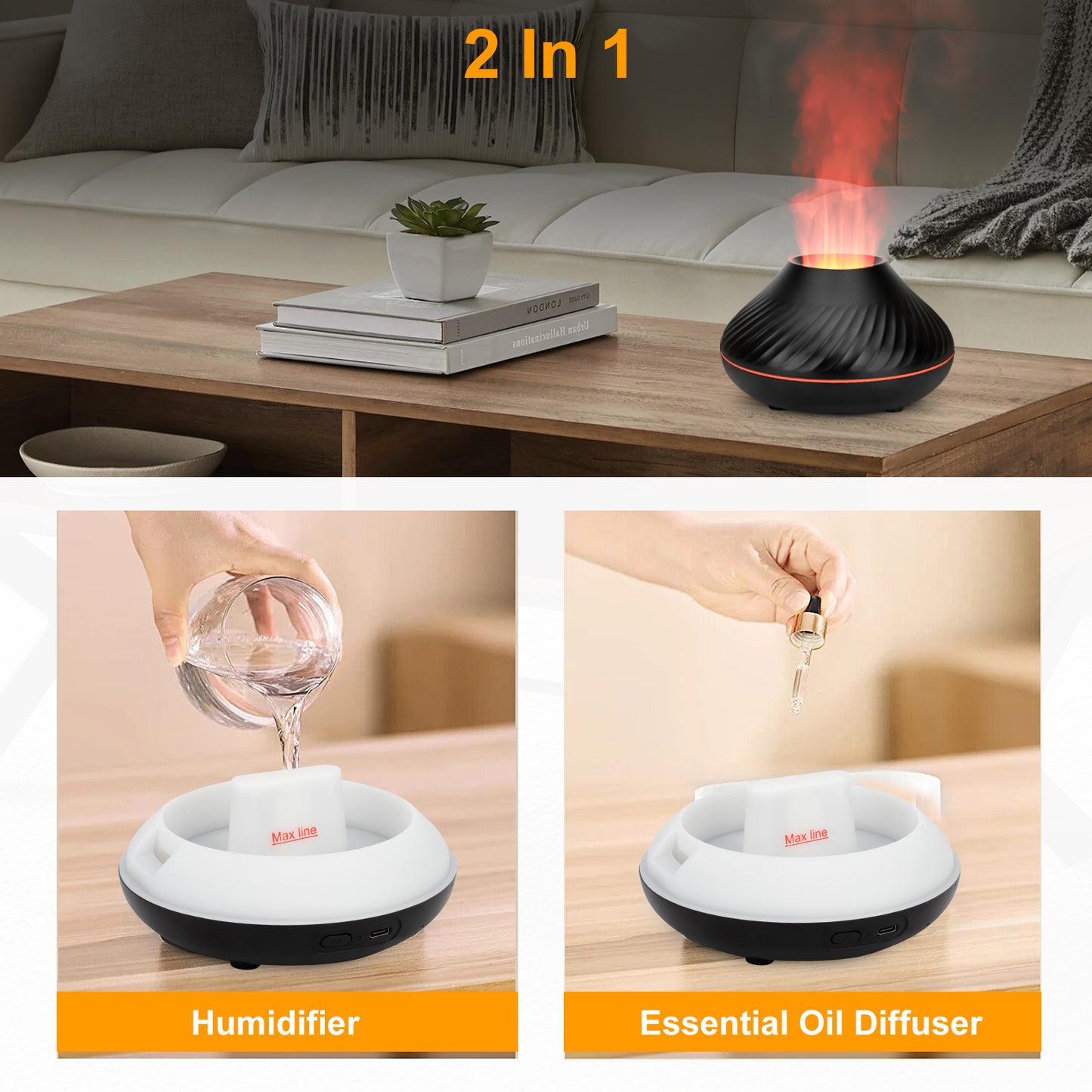 130 ml USB Air Humidifier Essential Oil Aroma Diffuser - 7 Flame Colors Noiseless Essential Oil Diffuser for Home,Office with Auto-Off Protection (Black)