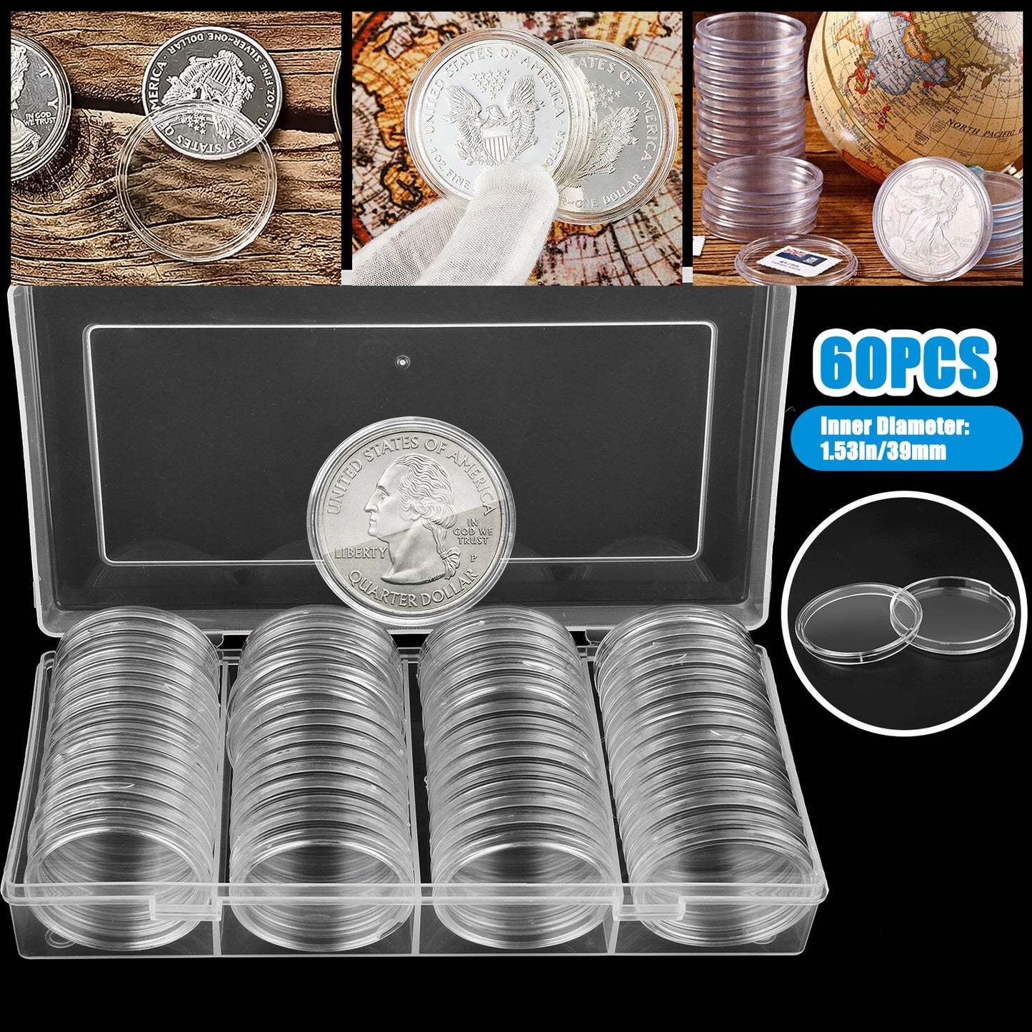60 Pieces 39 mm Plastic Coin Capsules - Coin Holder with Clear Plastic Storage Organizer Box for Coin Collection Supplies