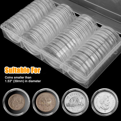 60 Pieces 39 mm Plastic Coin Capsules - Coin Holder with Clear Plastic Storage Organizer Box for Coin Collection Supplies