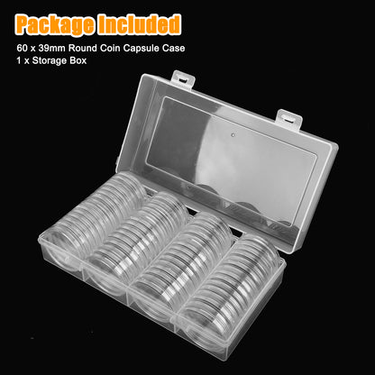 60 Pieces 39 mm Plastic Coin Capsules - Coin Holder with Clear Plastic Storage Organizer Box for Coin Collection Supplies