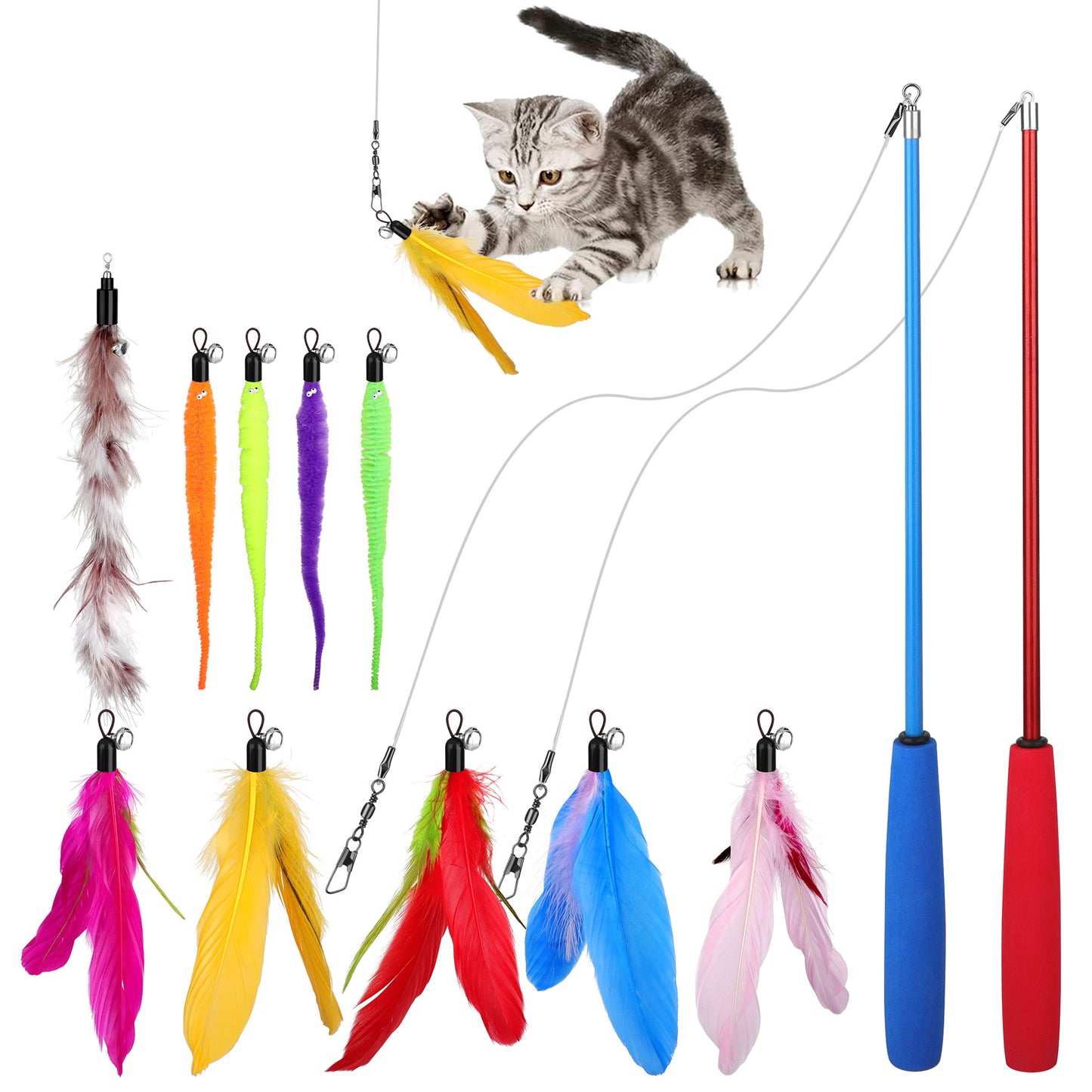 12pcs Interactive Cat Feather Toy Set  - for Playful Kittens withTelescopic Wand,
Artificial Feathers, and Squiggly Worms for Enriching Exercise and Catching Fun