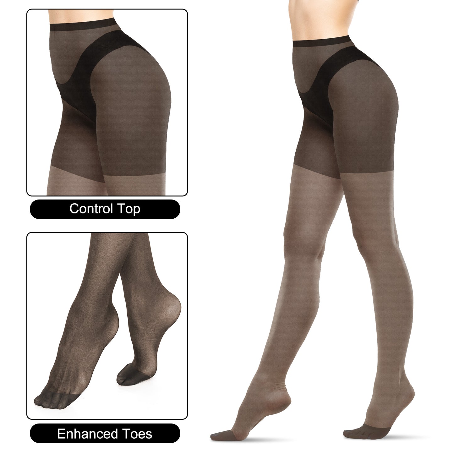 2 Pairs Women's Seamless Sheer Pantyhose - Sheer Tights,Control Top Pantyhose with Reinforced Toes (Black)