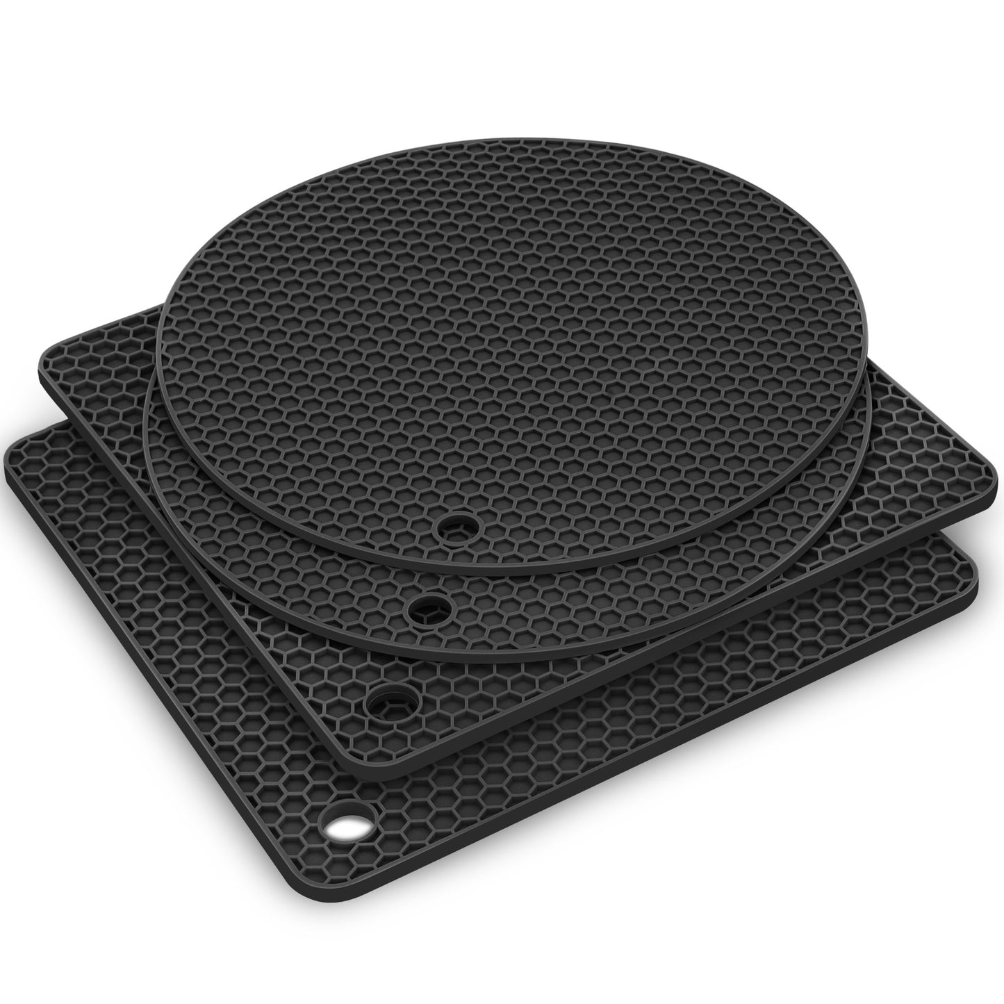 4 Pcs Silicone Trivet Mats - Heat Resistant and Non-Slip Hot Pads for Potholders, Hot Dishes, Hot Pan,Jar Opener, Spoon Holder, and Kitchen Countertops (Black)