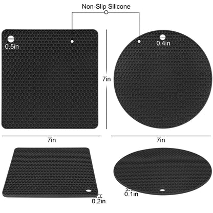 4 Pcs Silicone Trivet Mats - Heat Resistant and Non-Slip Hot Pads for Potholders, Hot Dishes, Hot Pan,Jar Opener, Spoon Holder, and Kitchen Countertops (Black)
