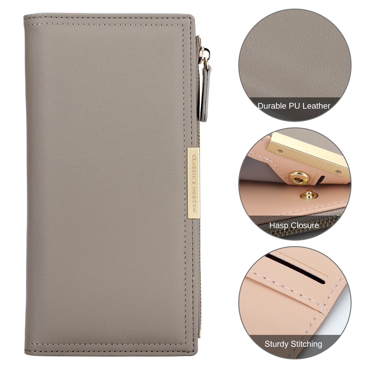 Long PU Leather Wallet for Women - Ultra Slim Wallet Credit Card Holder Bifold Clutch Coin Zipper Travel Long Purse for Women Girls (Gray)
