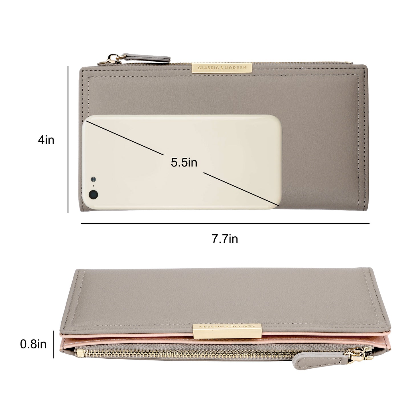 Long PU Leather Wallet for Women - Ultra Slim Wallet Credit Card Holder Bifold Clutch Coin Zipper Travel Long Purse for Women Girls (Gray)