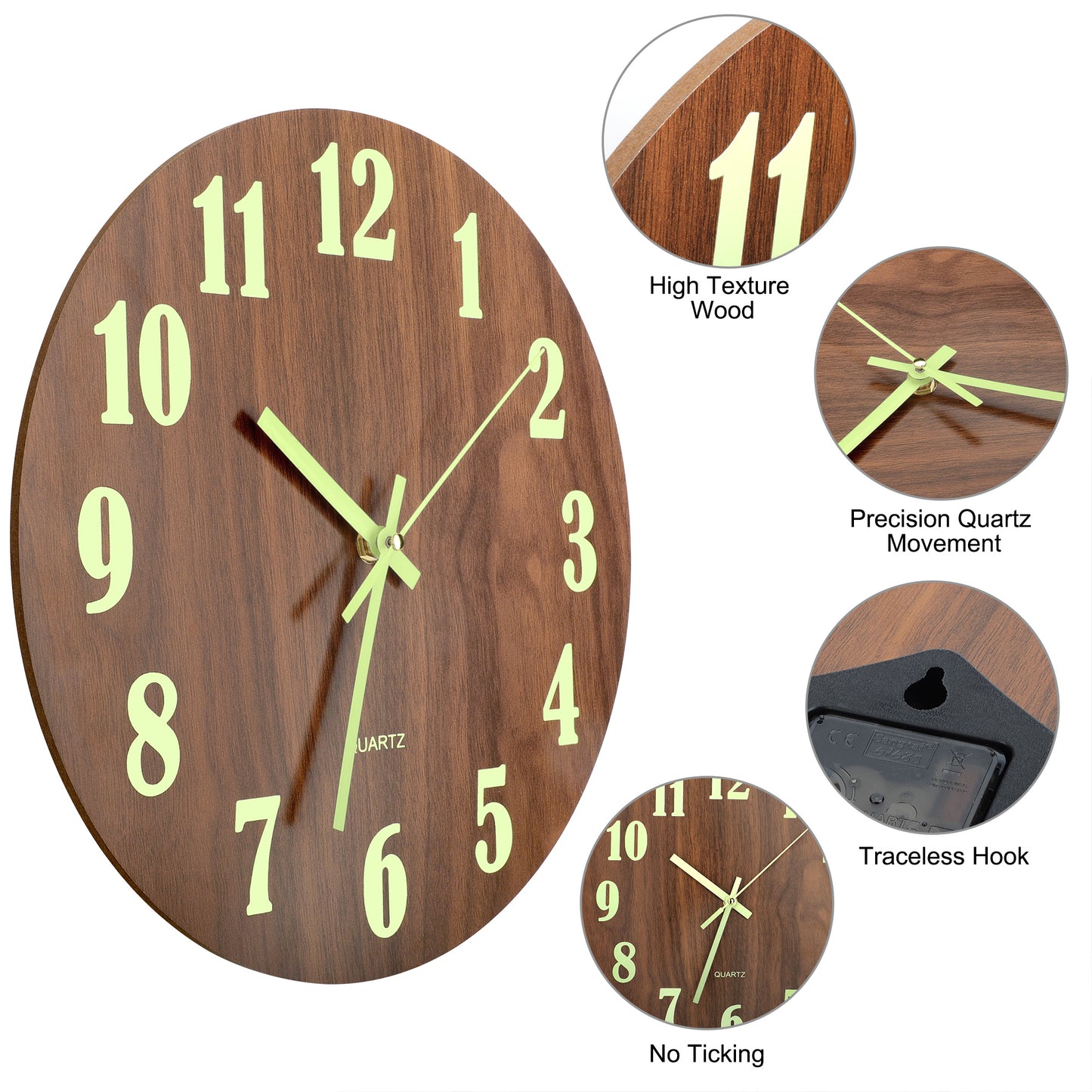 12 inch luminous wood grain round wall clock – Battery Operated Glow in the Dark Digital Decorative Wall Clock for Home, Office, and any other room in your home.(Wood Color)