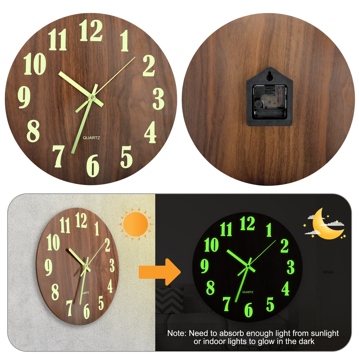 12 inch luminous wood grain round wall clock – Battery Operated Glow in the Dark Digital Decorative Wall Clock for Home, Office, and any other room in your home.(Wood Color)