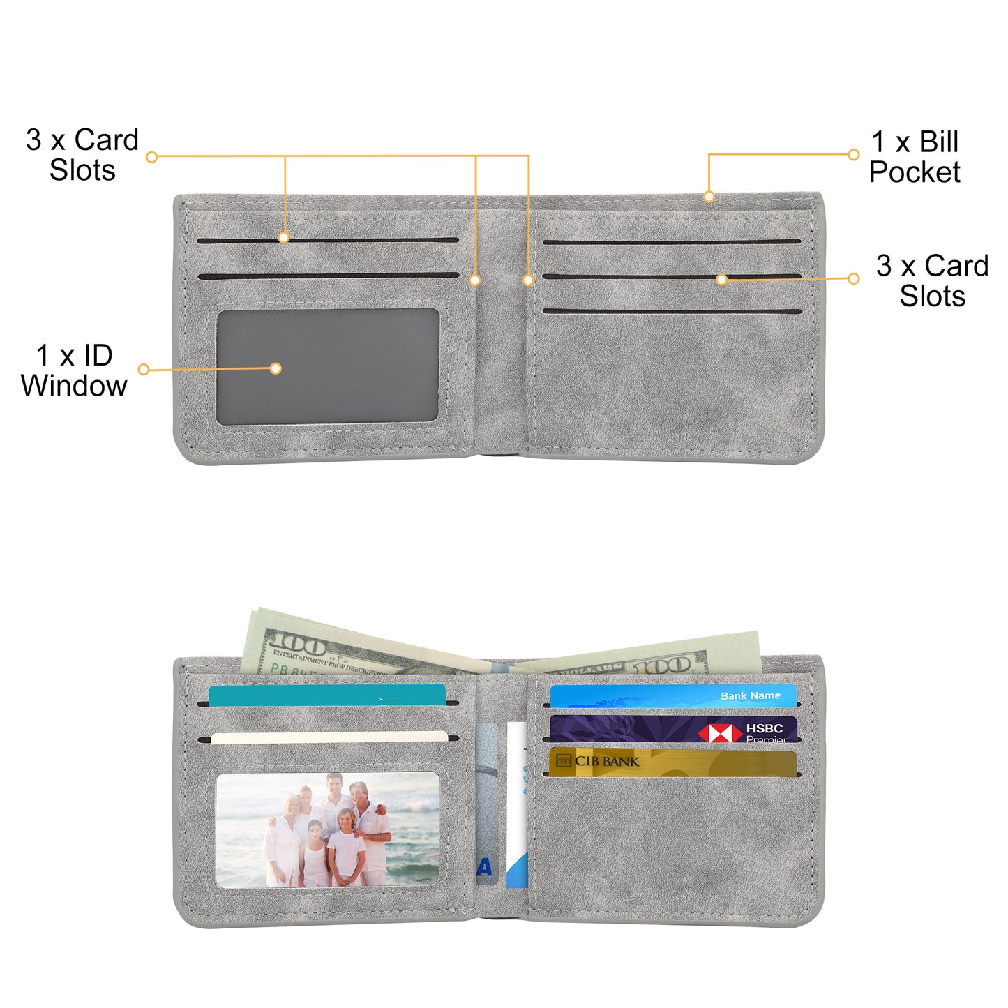 Mens PU Leather Slim Wallet - Extra Capacity Bifold Credit Card Holder Wallet,Card Wallet With ID Window for Every Occasion (Gray)
