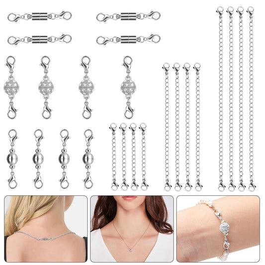 24Pcs Necklace Extender & Magnetic Clasps Set - designed for Women Necklace Bracelet Jewelry Making Supplies(Silver)