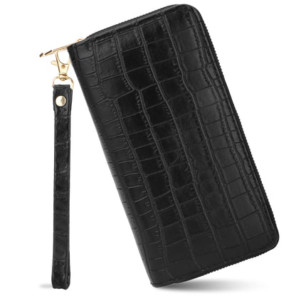 Womens Crocodile Leather Double Zipper Wallets - Large Capacity Wristlet Wallet，Zip Clutch Card Holder with Wristlet ，best gift (Black)