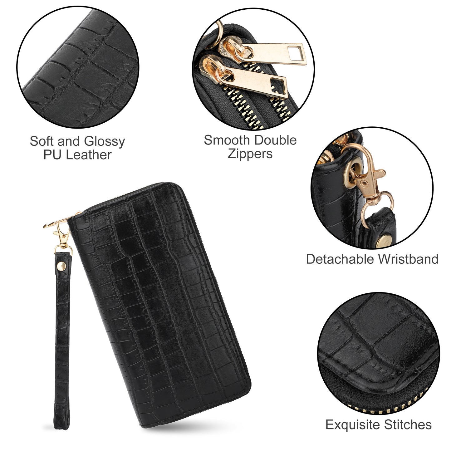 Womens Crocodile Leather Double Zipper Wallets - Large Capacity Wristlet Wallet，Zip Clutch Card Holder with Wristlet ，best gift (Black)