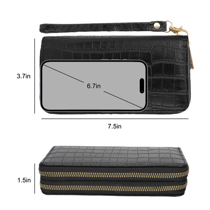 Womens Crocodile Leather Double Zipper Wallets - Large Capacity Wristlet Wallet，Zip Clutch Card Holder with Wristlet ，best gift (Black)