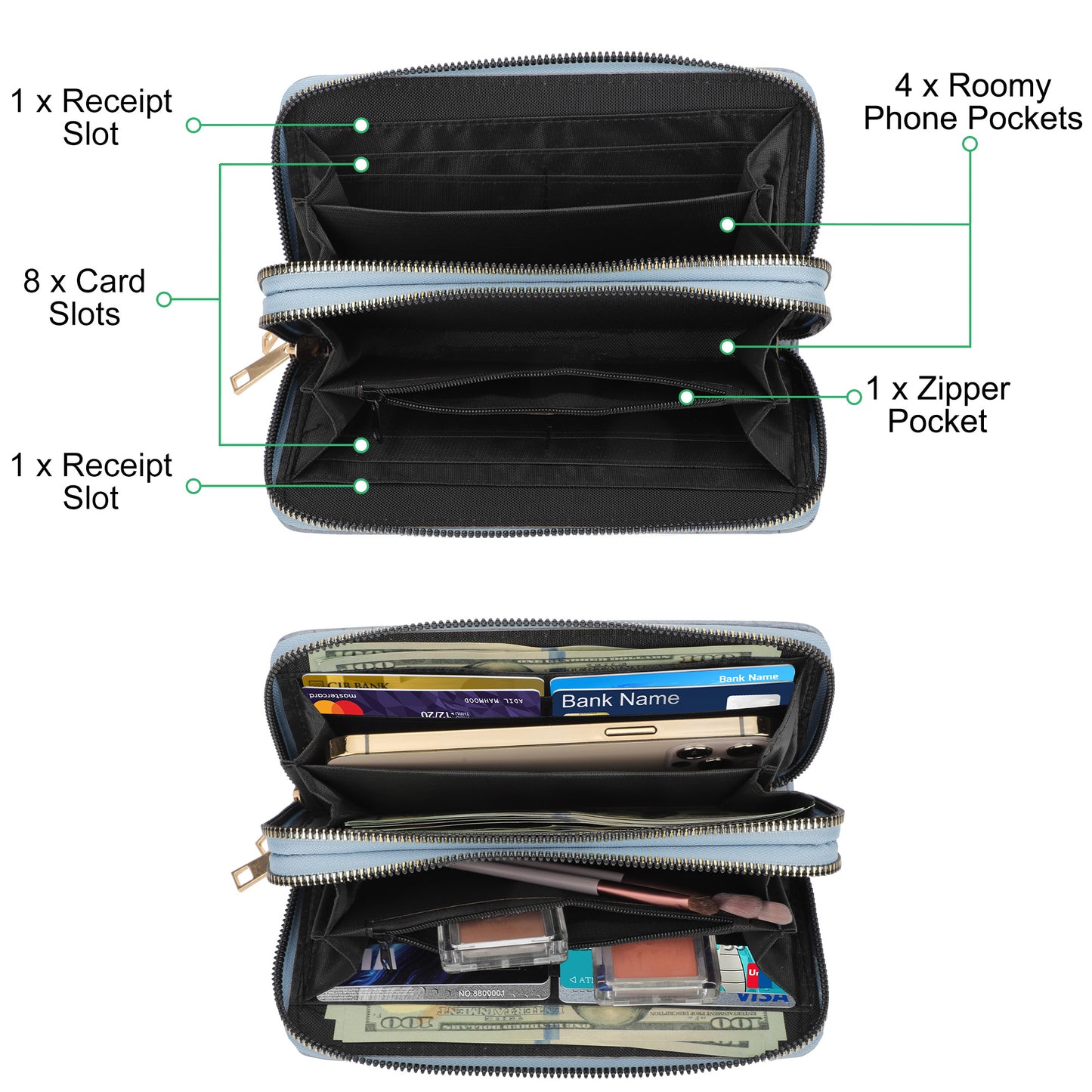 Women's Crocodile Leather Double Zipper Wallets - Large Capacity Wristlet Wallet，Zip Clutch Card Holder with Wristlet ，best gift（Blue）